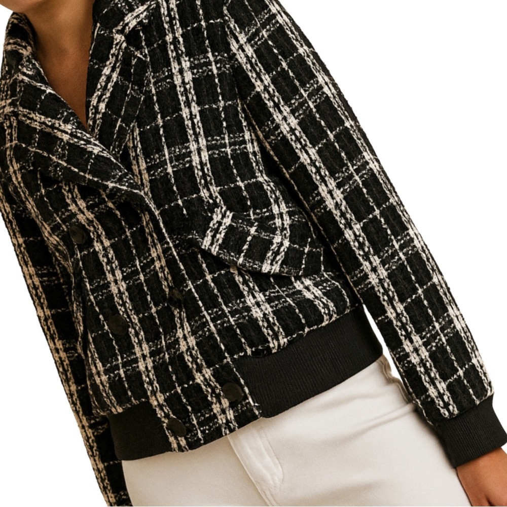 Laundry Shelli Segal Los Angeles Black & White Plaid Bomber Jacket Small Petite